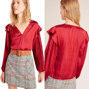 Anthropologie Dolan Sloane Ruffle Pleated Satin Silky Blouse Red Sz S Holiday